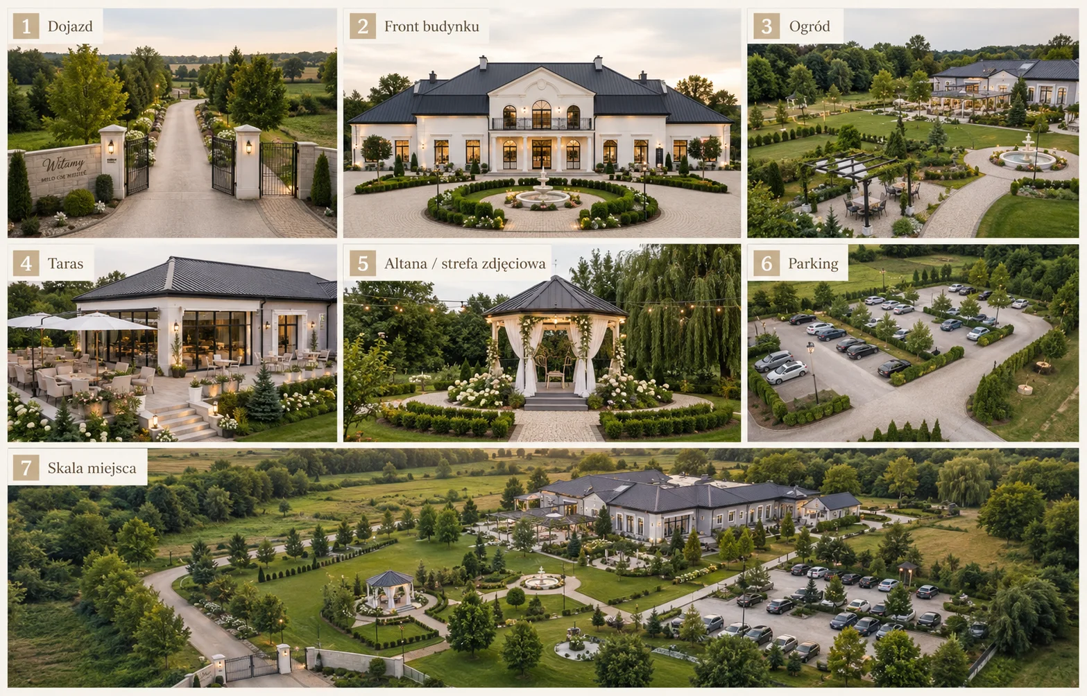 Sala weselna z drona z pokazanym dojazdem, frontem budynku, ogrodem, tarasem, altaną, parkingiem i skalą miejsca