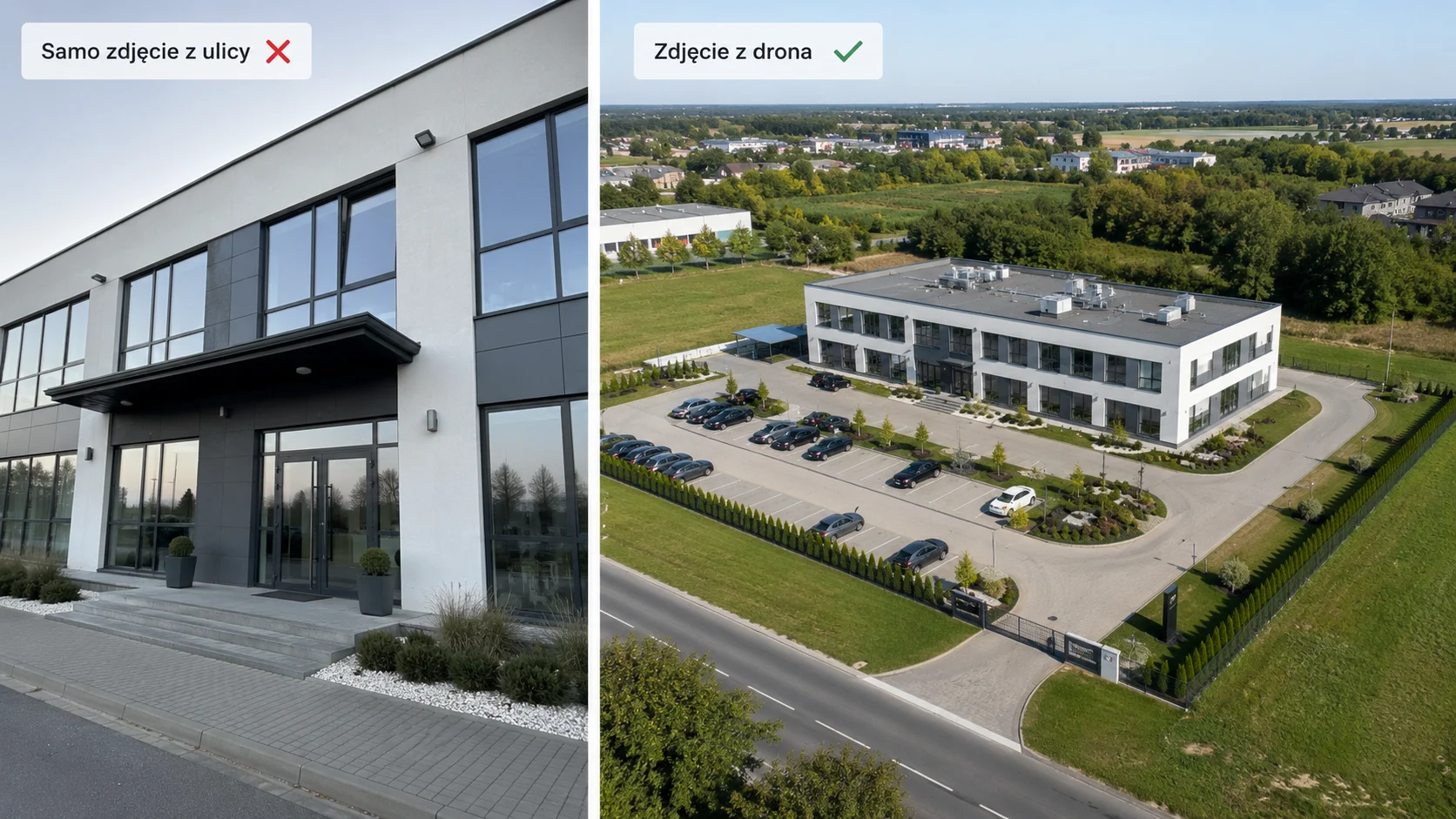 Porównanie zdjęcia obiektu firmowego z ulicy i zdjęcia z drona pokazujące różnicę w prezentacji siedziby, terenu i otoczenia