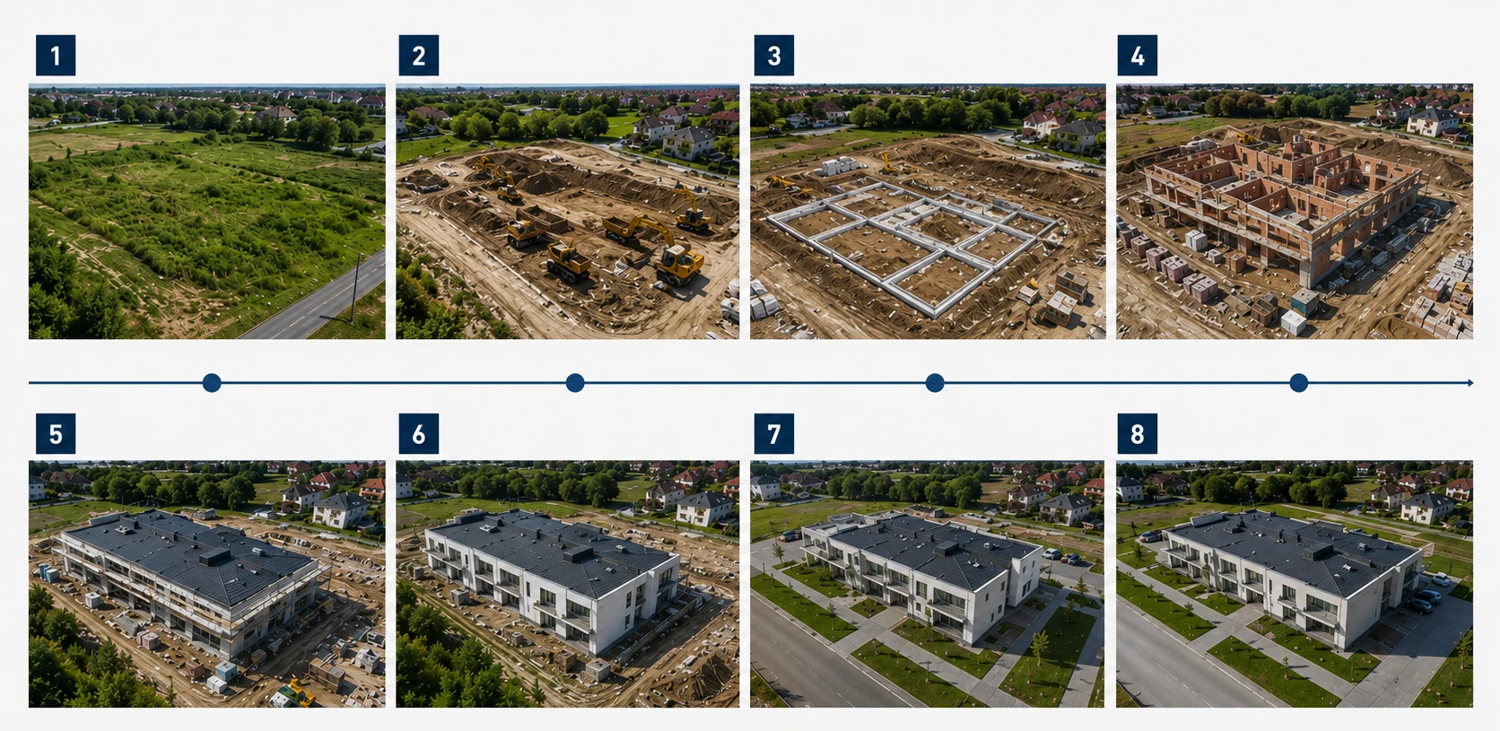 Przykładowy harmonogram dokumentacji budowy z drona pokazujący osiem etapów realizacji inwestycji