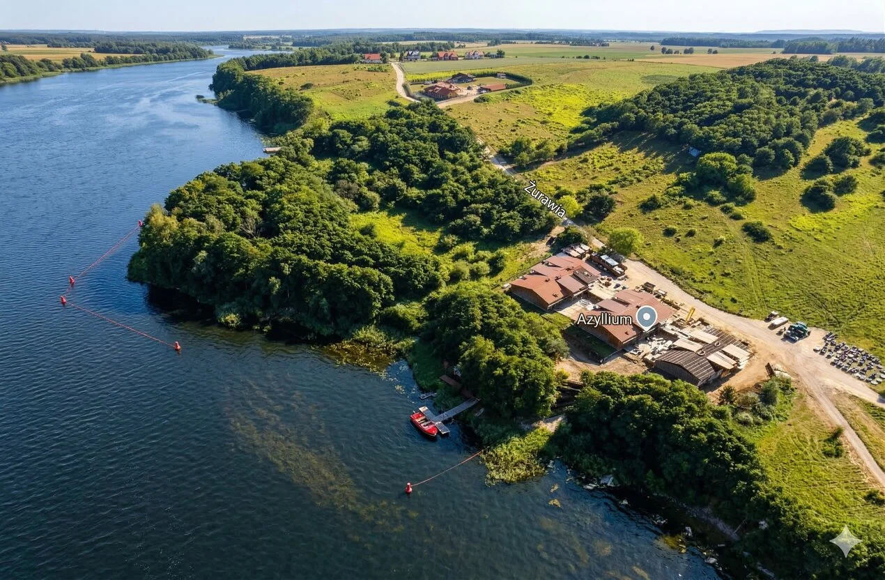 Dom lub obiekt nad jeziorem pokazany z drona z widocznym dojściem do wody, drogą dojazdową i otoczeniem