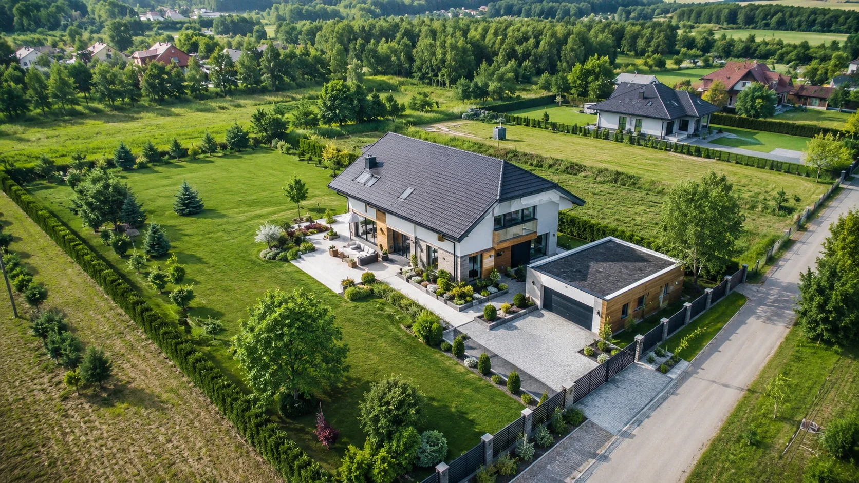 Dom premium z dużą działką pokazany z drona z widocznym ogrodem, dojazdem i otoczeniem nieruchomości