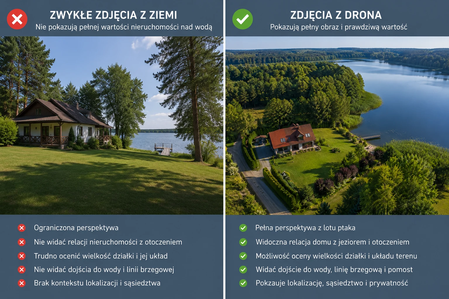 Porównanie zwykłych zdjęć z ziemi i zdjęcia z drona dla domu nad jeziorem, pokazujące różnicę w prezentacji widoku, działki, linii brzegowej i dojścia do wody